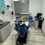 Dental treatment room with blue patient chair, overhead surgical light, cabinetry, and clinical equipment on light wood flooring